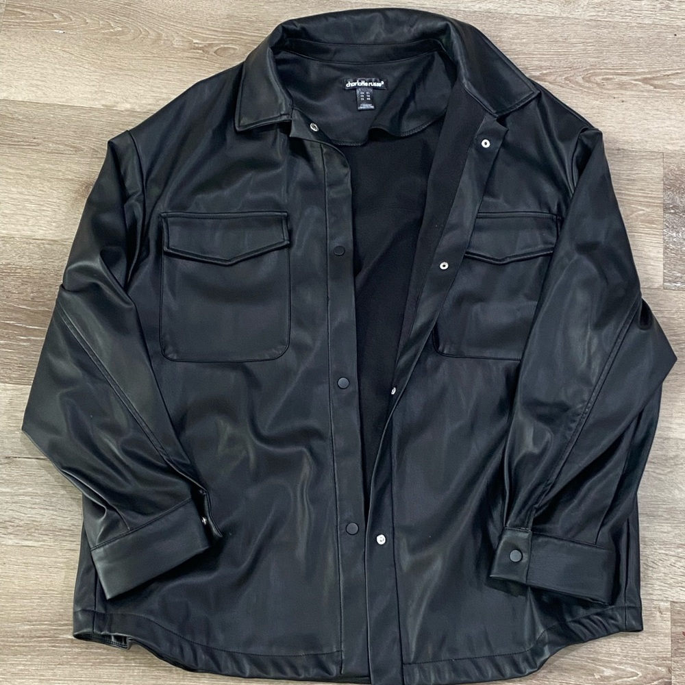 Charlotte Russe black faux leather oversized button up jacket women’s size XL